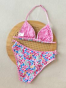 SHEIN Set de 2 piezas de bikini con parte superior tipo halter y Bottom triangular con lazos laterales, traje de baño estilo bohemio con estampado floral de guinga, para el verano - Rosa - Ver 8
