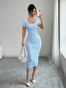 Summer Large U-Neck Short Sleeve Bodycon Maxi Sweater Dress, Sexy Cute Party Blue Dress,Holiday - Baby Blue - View 1