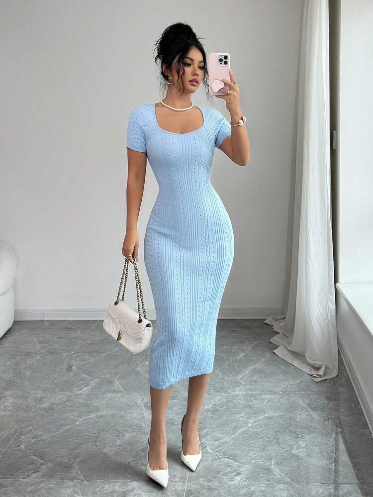 Selianne Summer Large U-Neck Short Sleeve Bodycon Maxi Sweater Dress, Sexy  Cute Party Blue Dress,Holiday | SHEIN