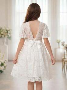 Pitira Kids Tween Girls Elegant White Lace Dress, Summer Wedding Flowergirl Dress, Ruffle Sleeve Backless Cinched Waist Rhinestone Fit And Flare Princess Gown, Formal - White - View 5