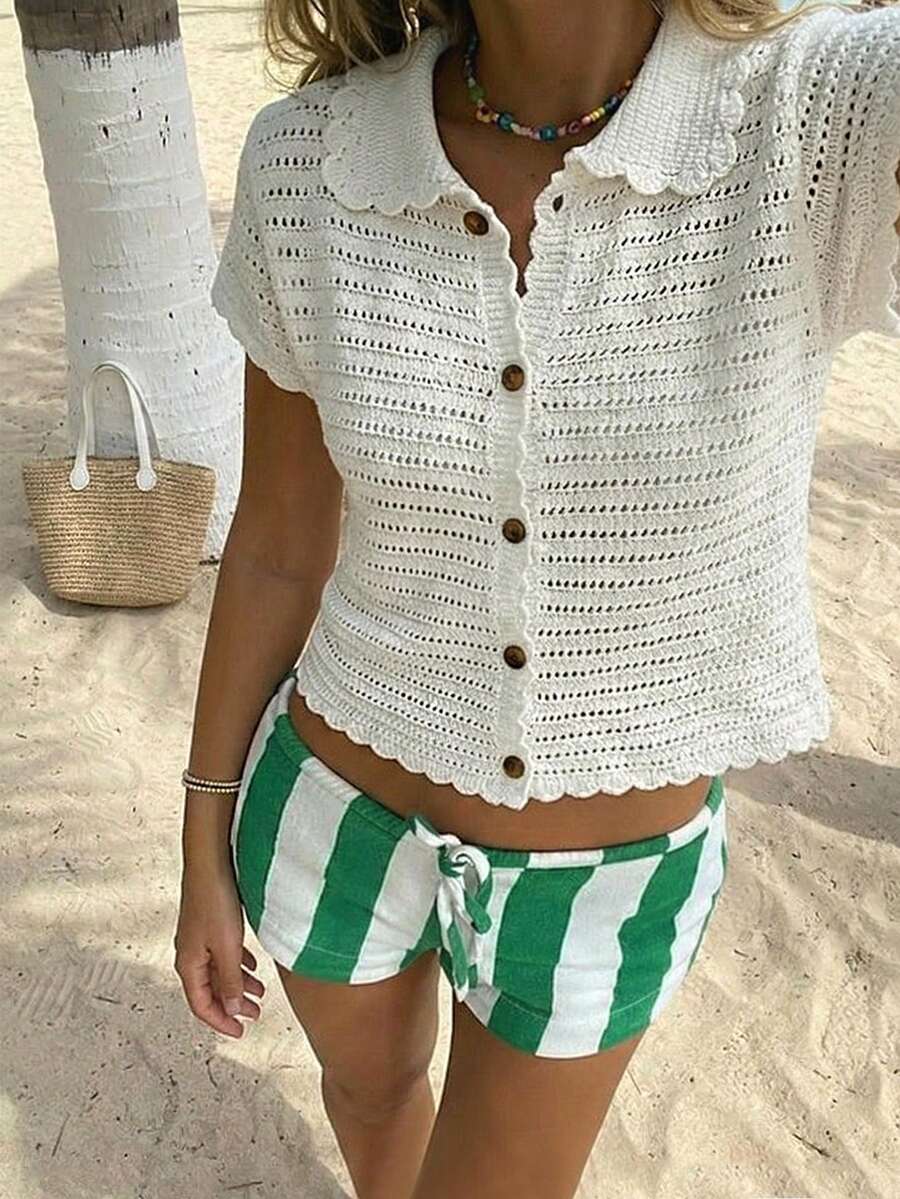 Sunnyshic Cárdigan de verano para mujer, de estilo casual y versátil, con cuello en pico, manga corta y diseño hueco, en color blanco - Blanco - Ver 1