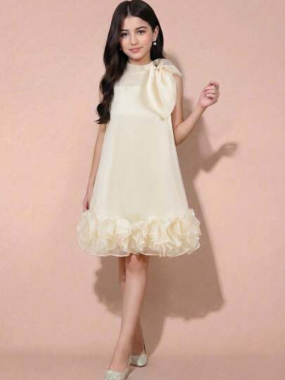 Pitira Tween Girls Partywear Champagne Tulle Handmade Flower Sleeveless Bow Collar A-Line Knee-Length Formal Dress, Elegant Vintage Cute, Suitable For Parties, Weddings, Ceremonies