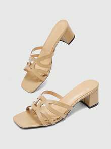 CUCCOO BIZCHIC 女士卡其色镂空鞋面高跟凉鞋，方头舒适高跟凉鞋，通勤款凉鞋 - 卡其色 - 查看 4