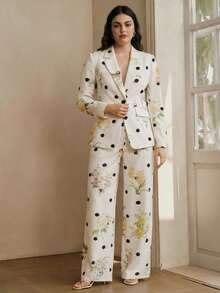 Anewsta Áo blazer nữ cỡ lớn thời trang cao cấp họa tiết chấm bi và hoa, thắt eo, phù hợp cho đi chơi, dự tiệc và các dịp trang trọng. - trắng - Xem 1