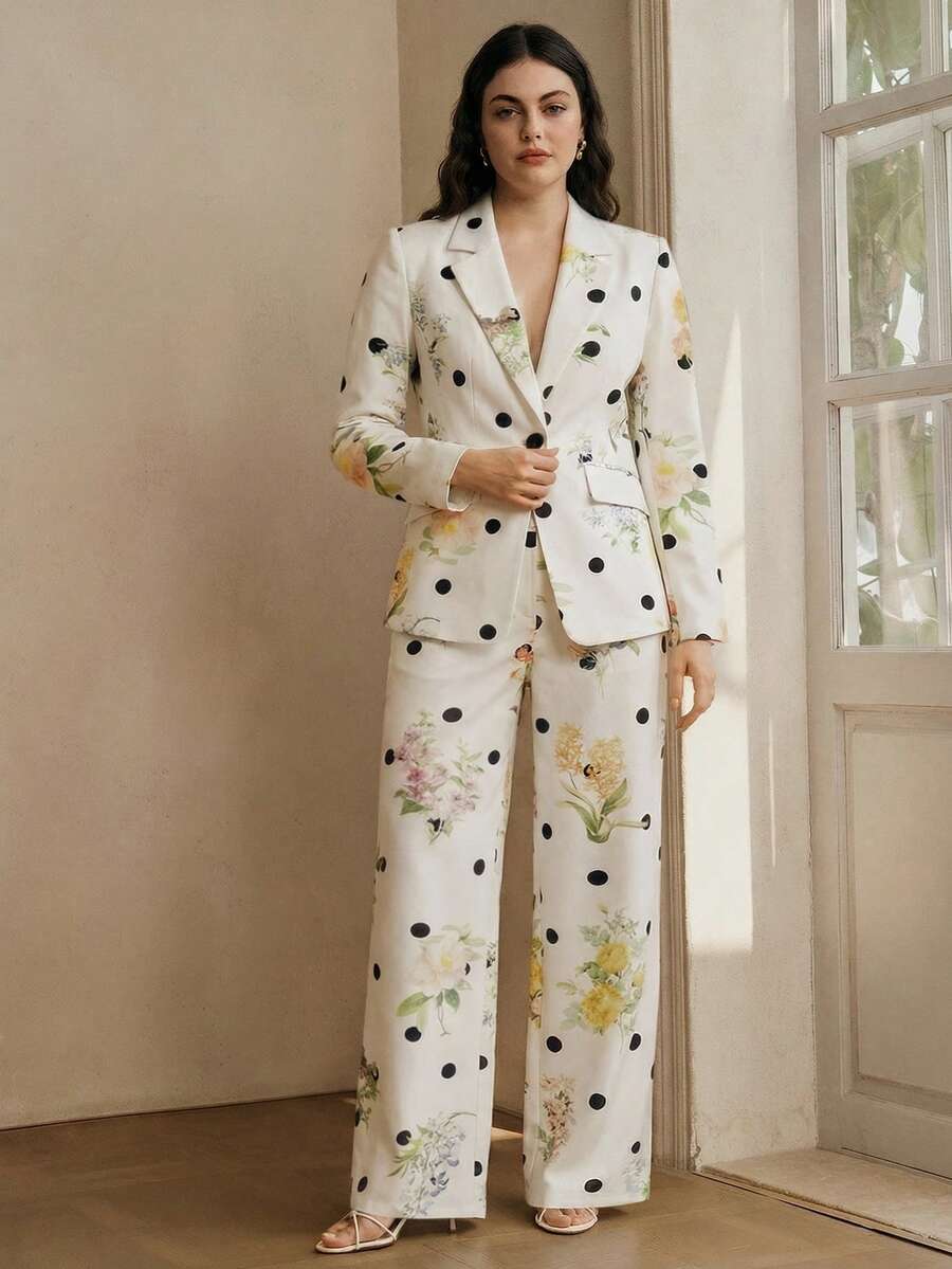 Anewsta Áo blazer nữ cỡ lớn thời trang cao cấp họa tiết chấm bi và hoa, thắt eo, phù hợp cho đi chơi, dự tiệc và các dịp trang trọng. - trắng - Xem 1
