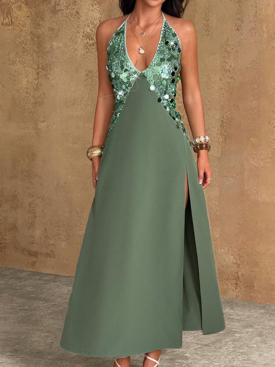 Bluhae Women's Elegant Sexy White Halter Deep V Neck Long Dress With Sequin Detail And Slit Hem Golf Summer - Green - View 1