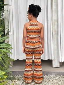 Bộ 2 món cho bé gái gồm áo hai dây cổ yếm kẻ sọc và quần ống loe, trang phục thường ngày thoải mái, thời trang cho cắm trại, bãi biển, gia đình/đồ đôi. - Màu nâu  Mocha - Xem 3