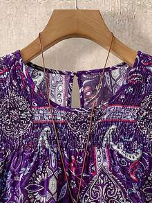 SHEIN LUNE CURVE Áo kiểu nữ cỡ lớn, màu trơn, cổ tròn, tay hai lớp, ngắn, kiểu dáng thường ngày, xếp ly, thời trang, đa năng, thích hợp cho kỳ nghỉ hè. - Màu tím - Xem 6