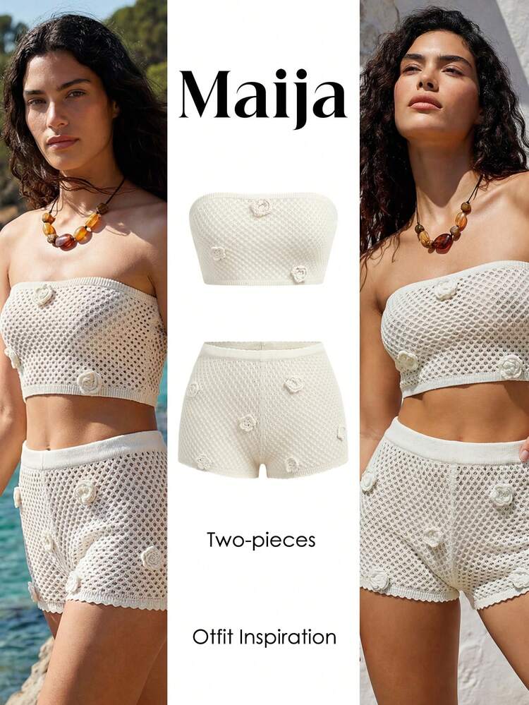 SHEIN Maija Women's Solid Color Swimsuit Set With 3D Floral Decor, Suitable For Beach Vacation Women Vacation Outfit Sets Woman Two Pieces Outfit Women's Summer Outfits Women's Holiday Co Ord Capri Women Two Pieces Crop Beach Vacation Outfits For Women