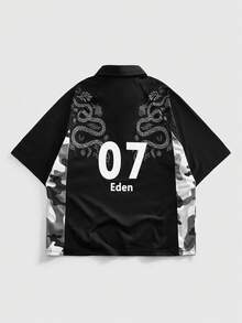 ROMWE MEN Prep Men's Casual Camouflage & Snake Print Patchwork T-Shirt, Summer - Black - View 2