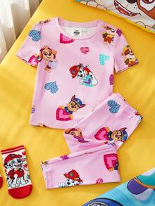 SHEIN | PAW Patrol 女童可爱狗狗印花圆领短袖T恤和裤子睡衣套装，夏季 - 淺粉色 - 查看 2