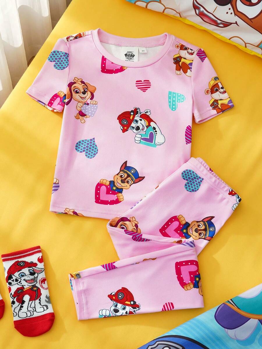 SHEIN | PAW Patrol Conjunto de pijama de camiseta de manga corta con cuello redondo y pantalones con estampado de perro lindo para niña, verano - Rosa Pálido - Ver 1