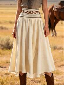 优雅波西米亚风刺绣腰部A字长裙，百搭款式，适合海滩、度假、日常穿着、通勤、约会，展现复古法式街头风，春夏新款杏色 - 彩色 - 查看 9