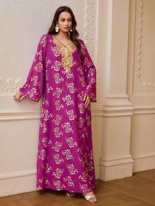 ZEYLAH Đầm dài tay in hoa kiểu Ả Rập thanh lịch dành cho nữ - Màu tím - Xem 6