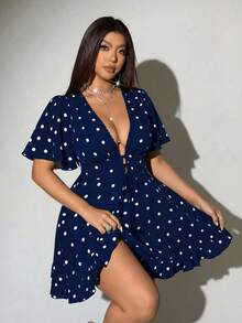 Viva Relle Plus Size Polka Dot Sexy Bow Tie Dress - Navy Blue - View 3