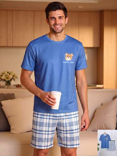 Velminro Men's Cartoon Print Round Neck Short Sleeve Top And Plaid Print Shorts Pajama Set, Summer Coachella