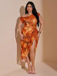 SHEIN BAE Plus Size Women's Asymmetric Ruched Waist Slit Elegant Party Dress - Orange - View 3