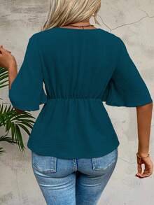 Linhara CURVE Plus Size Women's Fashionable Solid Color V-Neck Short Sleeve Blouse - Teal Blue - View 2