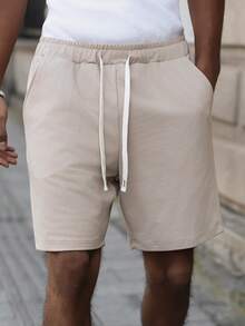 PAVTROS Men's Casual Cotton Blend Drawstring Waist Elastic Shorts - Khaki - View 7