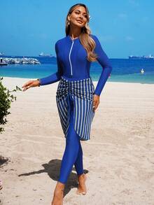 Swim Shayni 3pcs Women Royal Blue Burkini Set, And White Striped Textured Skirt, Modest Sporty Muslim Swimwear, Summer Holiday Beach Pool Party Party Outfit - Blue - View 5