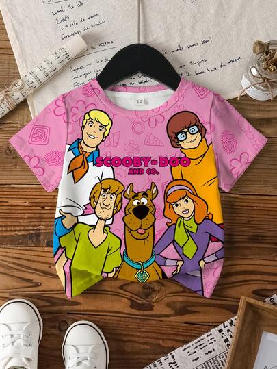 SCOOBY-DOO X SHEIN Baby Girl Cute Cartoon Character & Floral Print Round Neck Short Sleeve T-Shirt