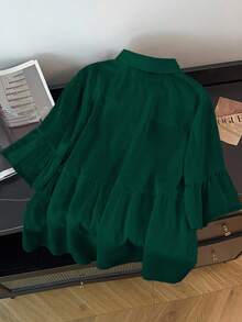SHEIN CURVE+ Plus Size Summer Casual Solid Color Front Button Short Sleeve Shirt - Dark Green - View 2
