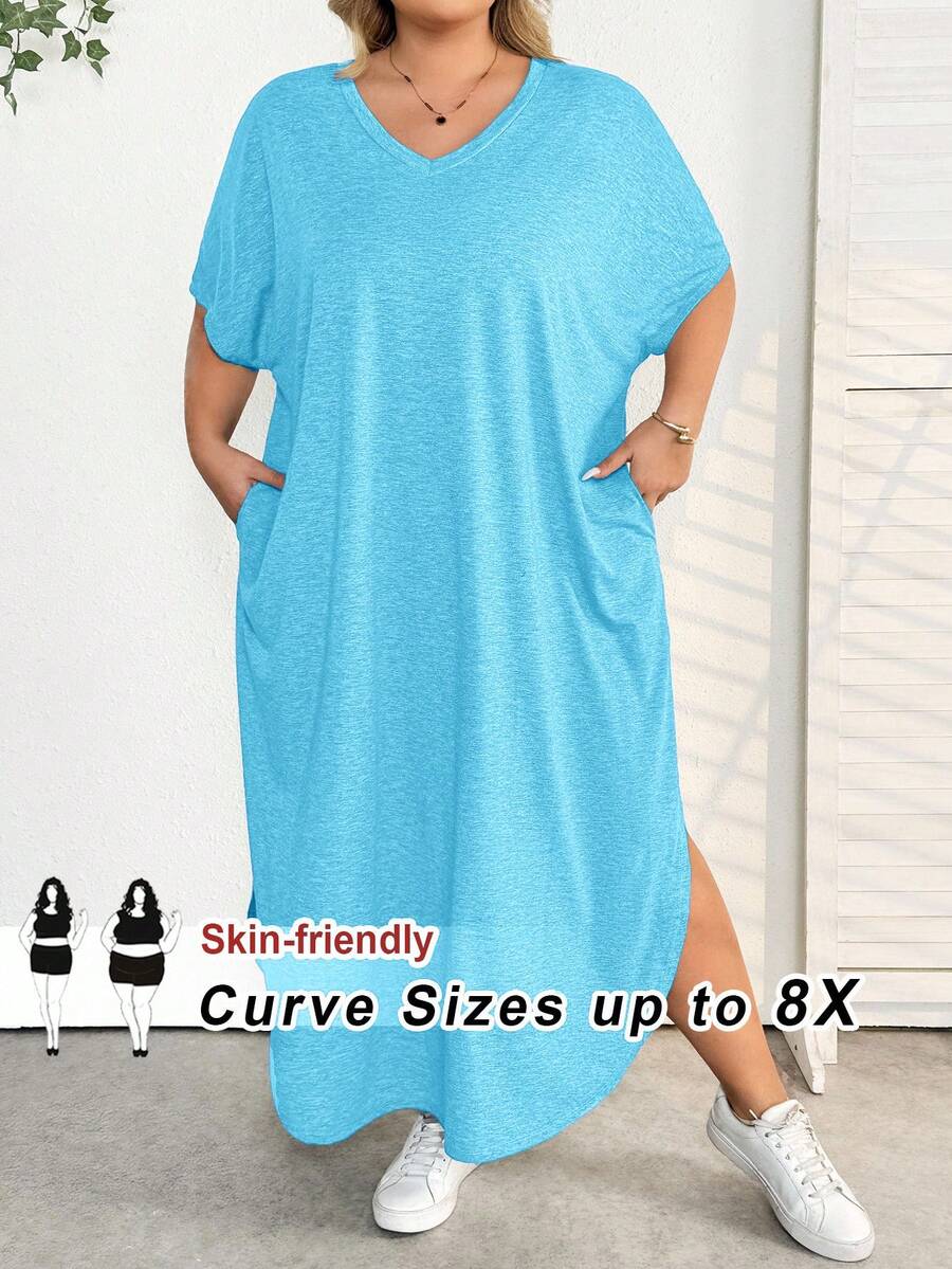 SHEIN CURVE+ 大码女装春夏新款时尚通勤休闲口袋设计分体睡袍 - 天藍色 - 查看 1