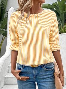 EMERY ROSE Women's Casual Striped 3/4 Sleeve Shirt For Summer - Orange - View 3
