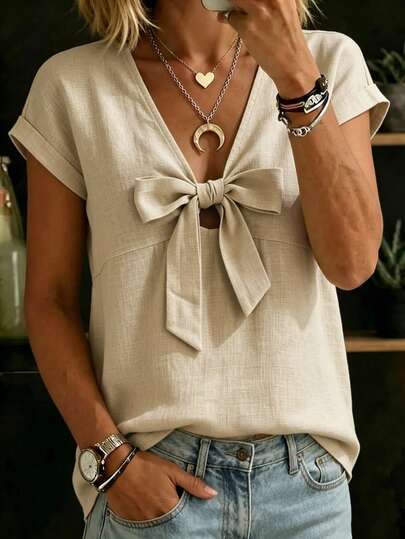 Breezaya 女士杏色舒适竹纤维V领蝴蝶结短袖翻边衬衫，度假上衣
