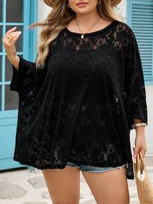 SHEIN CURVE+ 大码女式休闲宽松基础款短袖T恤，针织提花蕾丝沙滩度假装 - 黑色 - 查看 3