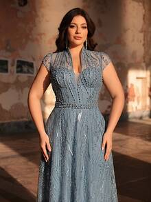 Aureia 大码优雅奢华藏蓝色深V领薄纱鱼尾连衣裙，饰以珍珠和水钻，适合婚礼、派对、庆典、单身派对、正式晚宴等场合。 - 藍色 - 查看 2