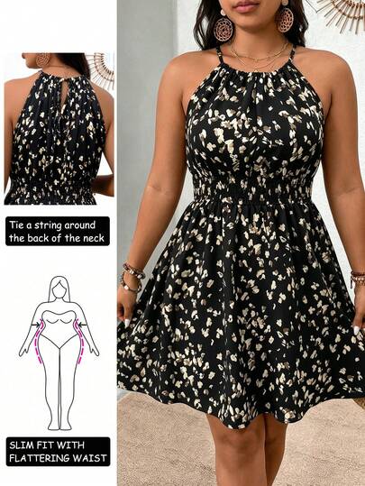 Breezaya Vestido de verano de talla grande con estilo francés, estampado floral diminuto, tirantes finos, cintura ajustada, sin mangas y cintura elástica