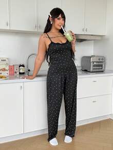 ZzzCrew Conjunto de pijama de camiseta de tirantes y pantalones con estampado de corazón y encaje en contraste para mujer talla grande, lindo y sexy, se puede usar como ropa exterior - Negro - Ver 7