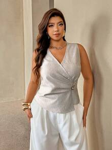Auralis Women's Grey Summer Elegant Formal Sleeveless Wrap Blouse,Plus Size Crossover Pleated Waist Metal Buckle Asymmetrical Hem Top,Business Office Wear - Khaki - View 2