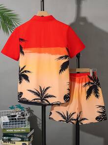 SHEIN Bộ 2 món áo sơ mi và quần short in hình cây cọ dành cho thiếu niên nam, thích hợp đi học, đi làm, mặc hàng ngày và chơi thể thao. - Nhiều màu - Xem 3