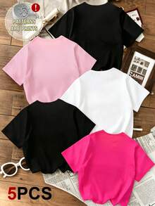 5pcs Girls Spring/Summer Casual Fashionable Creative Personalized Refreshing Minimalist Elegant Shiny Heart, Leopard, Cherry Graphic Print Basic Short T-Shirts, Comfortable Daily Wear, Suitable For Spring/Summer - Multicolor - View 2