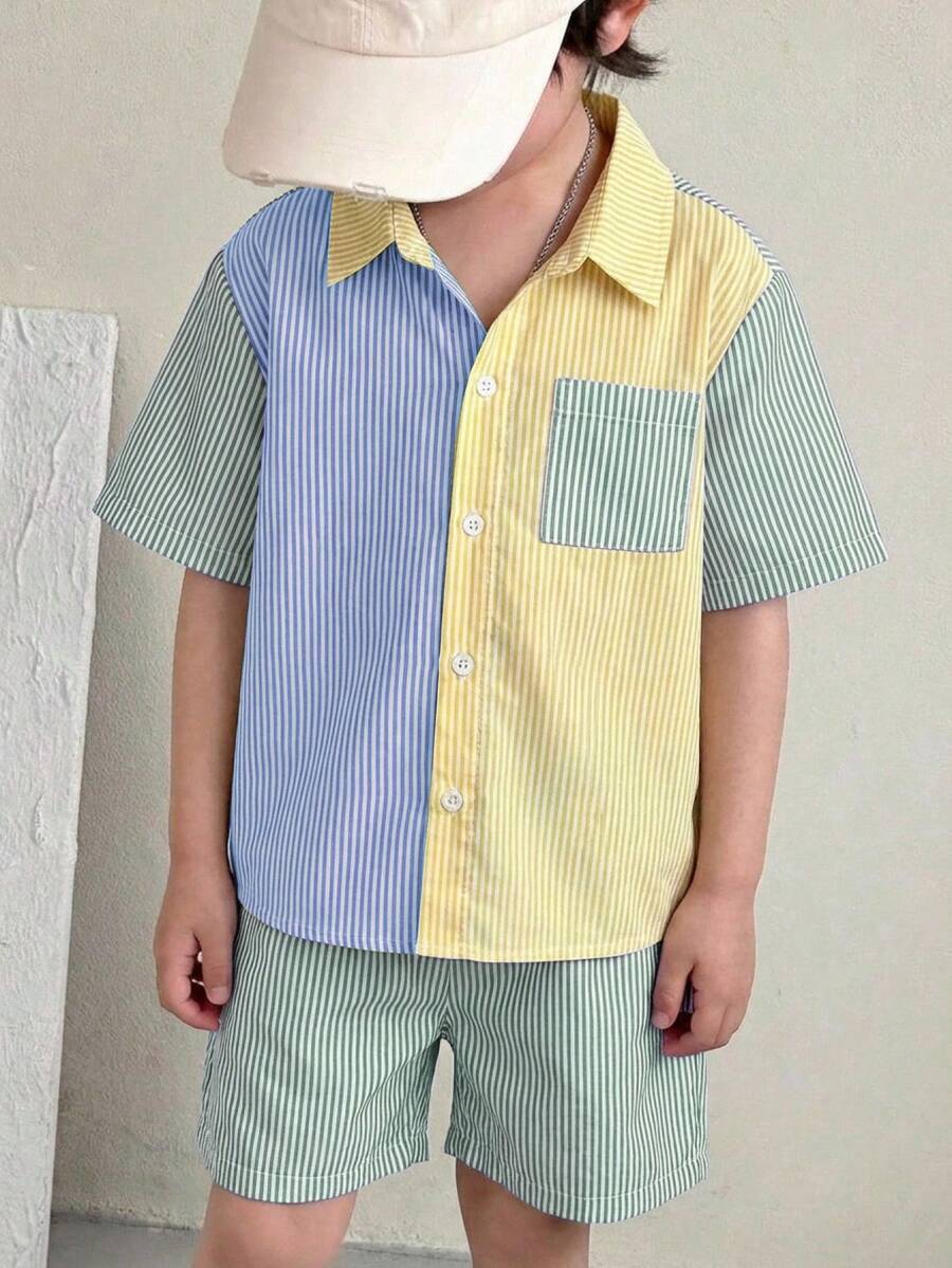 SHEIN Little Byeori 男童撞色条纹印花纽扣前开襟休闲短袖衬衫套装 - 彩色 - 查看 1