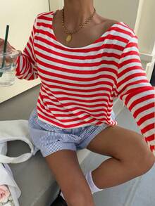 Muchica Women's Summer New Red And White Striped Loose Off-Shoulder Long Sleeve Cropped T-Shirt European Outfits Women Sailor Style Top Top Nautical Outfits For Women Long Sleeve Cute Outfits Women Boatneck Top Nautical Clothing For Women Outfits For Women Boat Neck Top Women Everyday French Style - Hot Pink - View 6