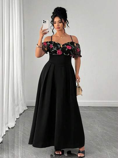 Elenzga Đầm lưới thêu họa tiết phối mảnh thanh lịch dành cho nữ cỡ lớn, thích hợp cho mùa xuân/hè.