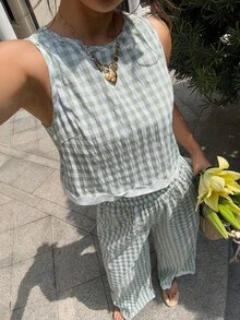 Serisse 女士度假休闲格子背心和裤子两件套 - 杏色 - 查看 9