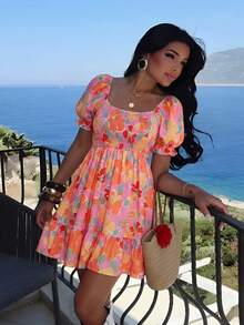 Vivid Eden 女士休闲浪漫优雅简约沙滩度假印花短裙，橙色连衣裙和粉色连衣裙 - 彩色 - 查看 1