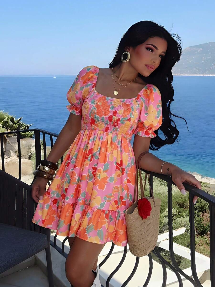 Vivid Eden 女士休闲浪漫优雅简约沙滩度假印花短裙，橙色连衣裙和粉色连衣裙 - 彩色 - 查看 1