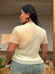Dazy Plus V-Neck Lace Patchwork Sexy Tight Fitted T-Shirt Top, Plus Size For Women Spring/Summer - Beige - View 4