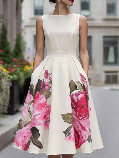 Balvessa 法式复古印花收腰A字中长连衣裙，无袖显瘦优雅连衣裙