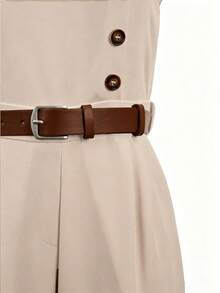 EMERY ROSE Women's Elegant Solid Color Stand Collar Sleeveless Jumpsuit - Khaki - View 5