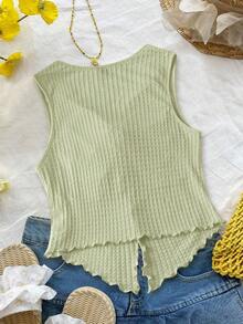 SHEIN Essnce 大码女装春夏时尚休闲性感舒适日常清新黄色纹理面料V领修身扭结无袖上衣，曲线可爱上衣，外出上衣，波西米亚风，奶油黄，伊比沙岛，海滩度假装，欧洲夏季，夏威夷女装，锐舞上衣 - 綠色 - 查看 2