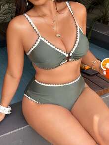 Swim Vcay 2026 New Plus Size Women 2-Piece Contrast Color Floral Elegant Fashion Swimwear Set - Olive Green - View 4