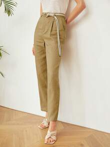 MOTF PREMIUM PURE LINEN BELTED DRESS PANTS - Khaki - View 5