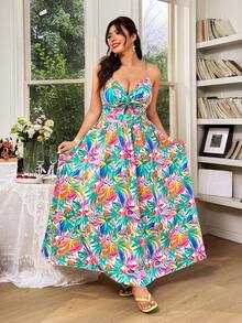 Celure Flowers Birds Plus Size Women's Floral Print Vacation Strap Dress Tropical Colorblock Floral Print Boho Fashionable Style For Summer - Mint Green - View 3