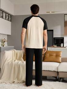 SHEIN CoupledUp Contrast Color Raglan Sleeve V-Neck Button-Up Short Sleeve Top And Wide Leg Pants Men's Loungewear Set - Black - View 2